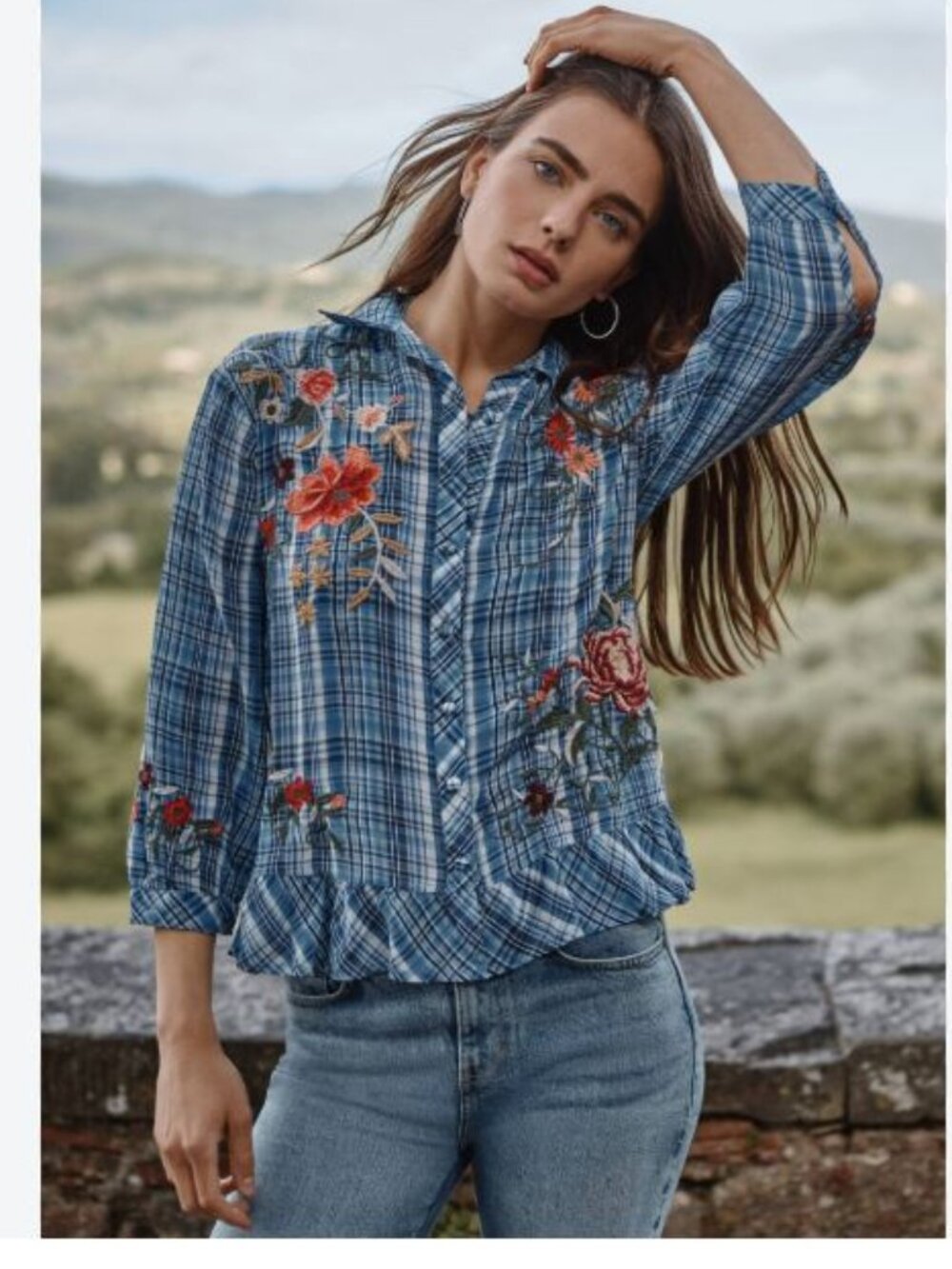 Johnny Was Peplum Ruffle Hem Silk Shirt Women's sz XL Boho Floral Blouse